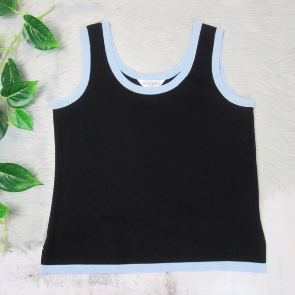 MISOOK Sleeveless Scoop Neck Shell Tank Top Black Blue Trim Size Medium Petite - Picture 1 of 8